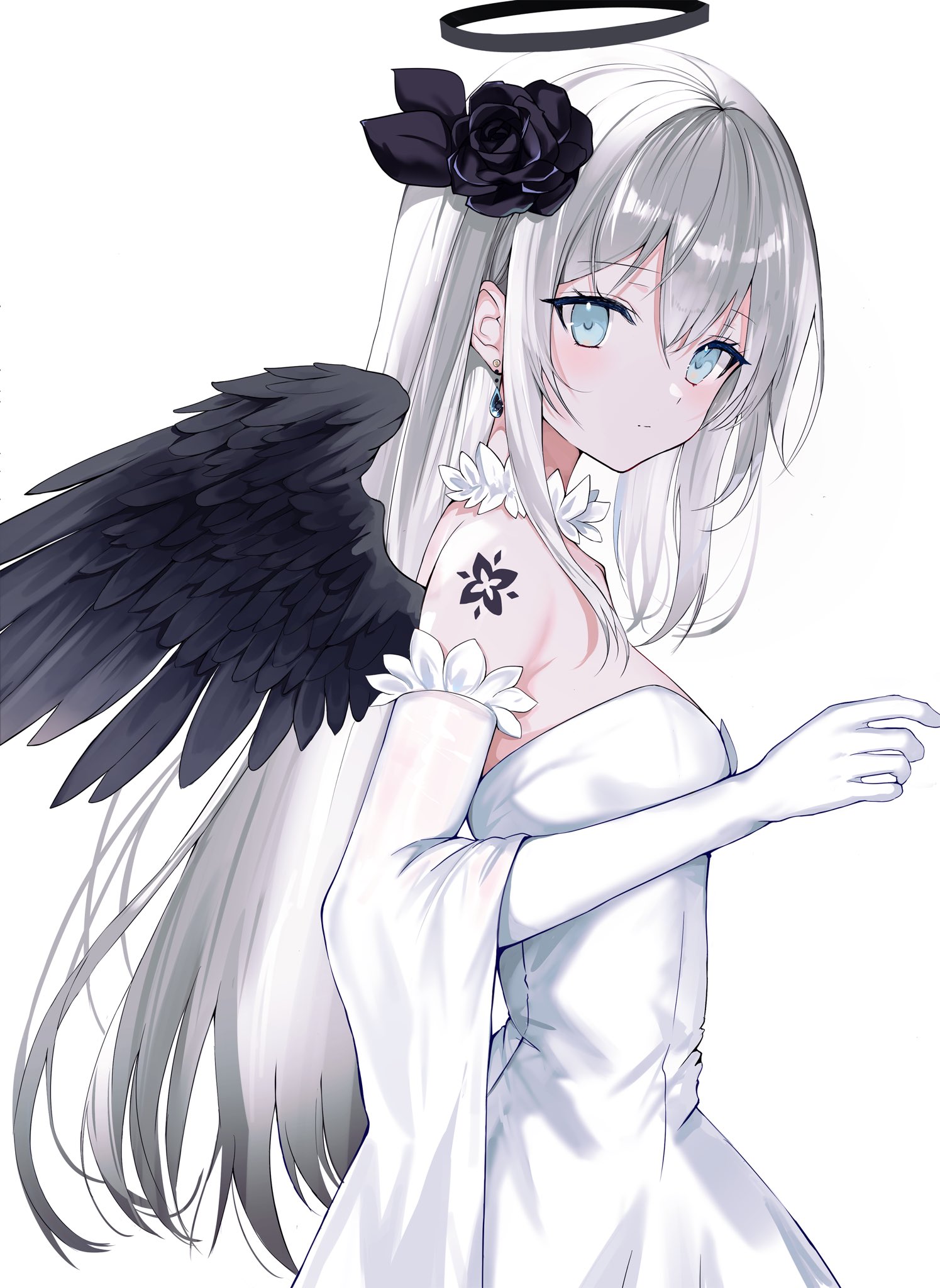 the image showcases a digital illustration of an animestyle angel girl. she is depicted in a threequarter view, with her body facing slightly to the side while her head is turned towards the viewer. the girl has long, flowing silver hair, piercing blue eyes, and a delicate complexion. she wears a pure white dress with flowing sleeves and long white gloves. a single black rose adorns her hair, complementing her large, black angel wings. a simple halo floats above her head, and a small, intricate black flower tattoo is visible on her upper arm. the background is a pure white, emphasizing the character and creating a sense of ethereal beauty. the overall aesthetic of the illustration leans towards a soft, ethereal style with delicate linework and soft shading.