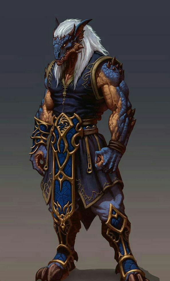 the image is a digital painting of a male dragonkin character.  he's humanoid in form with reptilian features including blue scaled skin, clawed hands and feet, and horns.  he possesses long white hair and is dressed in ornate, dark blue robes and armor accented with gold detailing. his expression is serious and his physique is muscular and powerful. the art style suggests fantasy game art or concept art. the background is a simple, muted gray that allows the character to stand out prominently. the overall impression is one of strength, elegance, and mystical power.