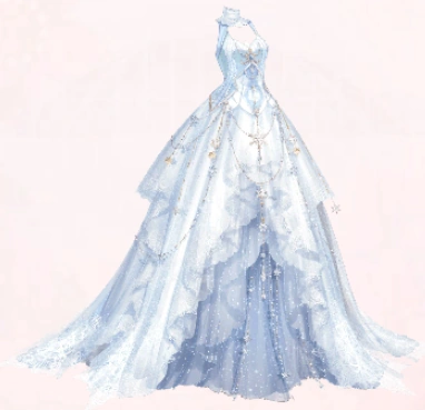 a long, flowing, blue and white dress with lace and crystal embellishments. the dress has a layered skirt and a fitted bodice.