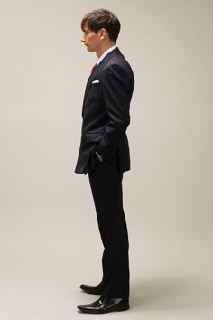 a man in a black suit and red tie stands facing forward, looking slightly to the left of the camera. he is wearing a dark suit, a white collared shirt, and a black tie. he is standing with his arms at his sides.  the photo is taken from the waist up.