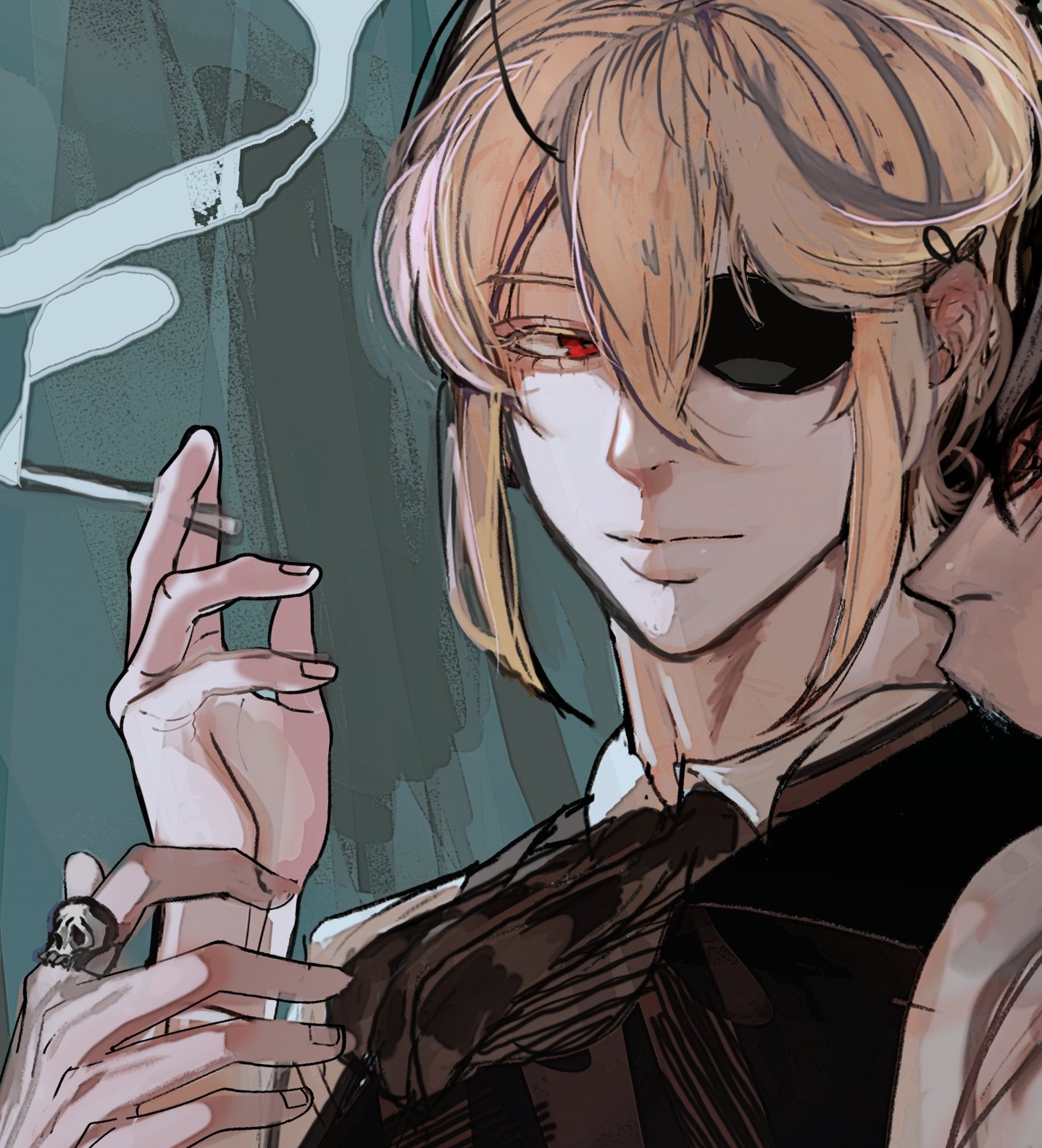 a closeup portrait of an anime character, a young man with blond hair and an eyepatch,  he is smoking a cigarette and has a sinister look in his eyes. his hand is holding the cigarette between his thumb and index finger, with his other hand holding his suit jacket. his tie is dark, and his clothing is a mixture of light and dark tones, suggesting a stylish, yet somewhat dangerous character. the background is a blurry mix of dark and light tones, adding to the overall mysterious atmosphere of the piece. the image is rendered in a digital art style, with detailed textures and highlights.