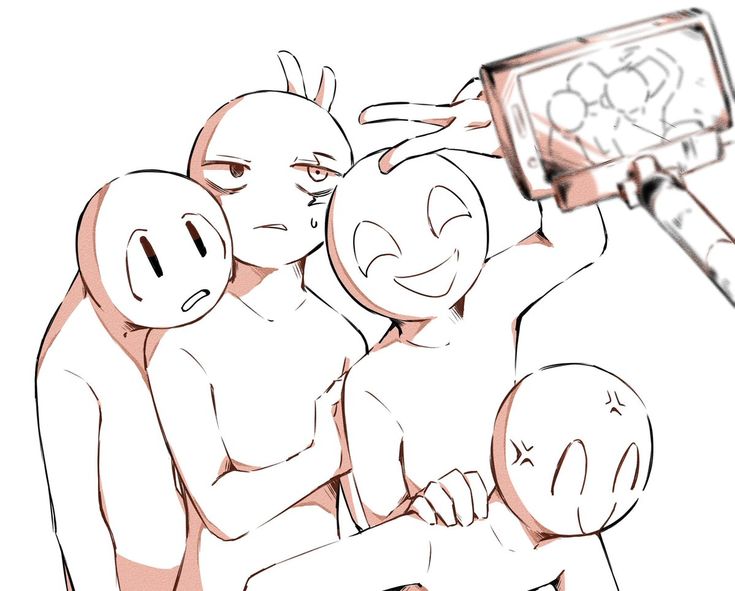 this image is a digital drawing of four anime characters. the characters are all posed in a way that suggests they are taking a selfie with a phone attached to a selfie stick. the characters are outlined but have no detail except for a few facial expressions. the drawing is meant to be used as a base or template for people to draw over and create their own characters.
