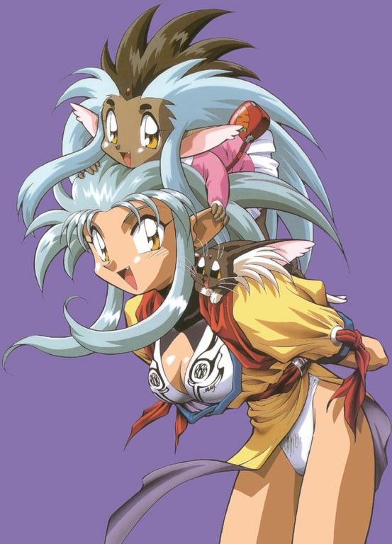the image is an animestyle illustration featuring three characters stacked on top of each other. at the bottom is a fairskinned female character with light blue hair, elf ears, and yellow eyes. she wears a yellow and red outfit over a white top that reveals cleavage. on her shoulder sits a brownskinned character with light blue hair, brown hair on top, elf ears, and yellow eyes, wearing a pink outfit. on the middle character's shoulder is a catlike creature with brown fur and cat ears. the background is a solid purple color. the style is reminiscent of manga art.