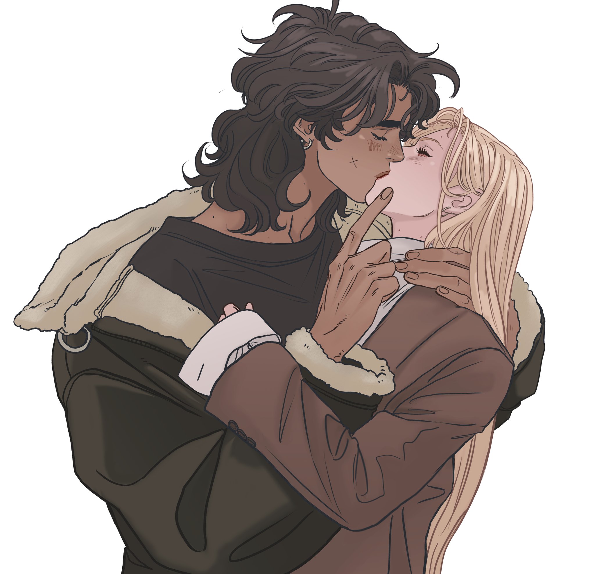 an illustration of a brownhaired character hugging a blondehaired character, with the brownhaired character kissing the blondehaired character.