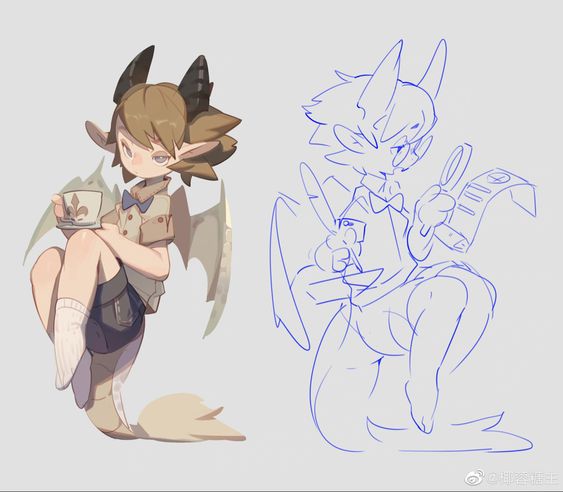 a digital art sketch of a chibi dragon boy holding a teacup and a finished colored version of the character holding a notepad and a pen. the character has large horns, small wings, and wears round glasses, a collared shirt, shorts, and socks.
