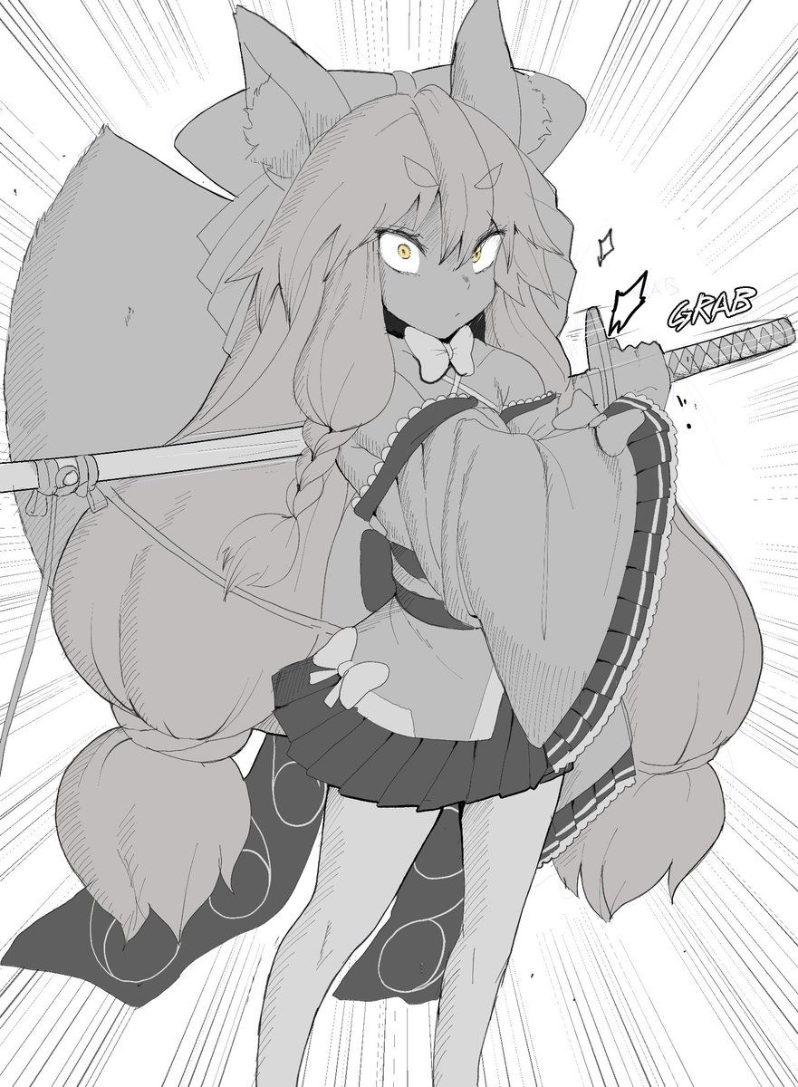 this is an animestyle illustration featuring a girl dressed in a traditional kimono with a large furry tail. she has a serious expression on her face, her arms are outstretched, and she is holding a katana with a determined look. there is a large text bubble above her right hand that says "grab" in a bold, uppercase font. the background is a burst of radial lines, which adds to the sense of movement and action. the overall tone of the illustration is dramatic and tense.