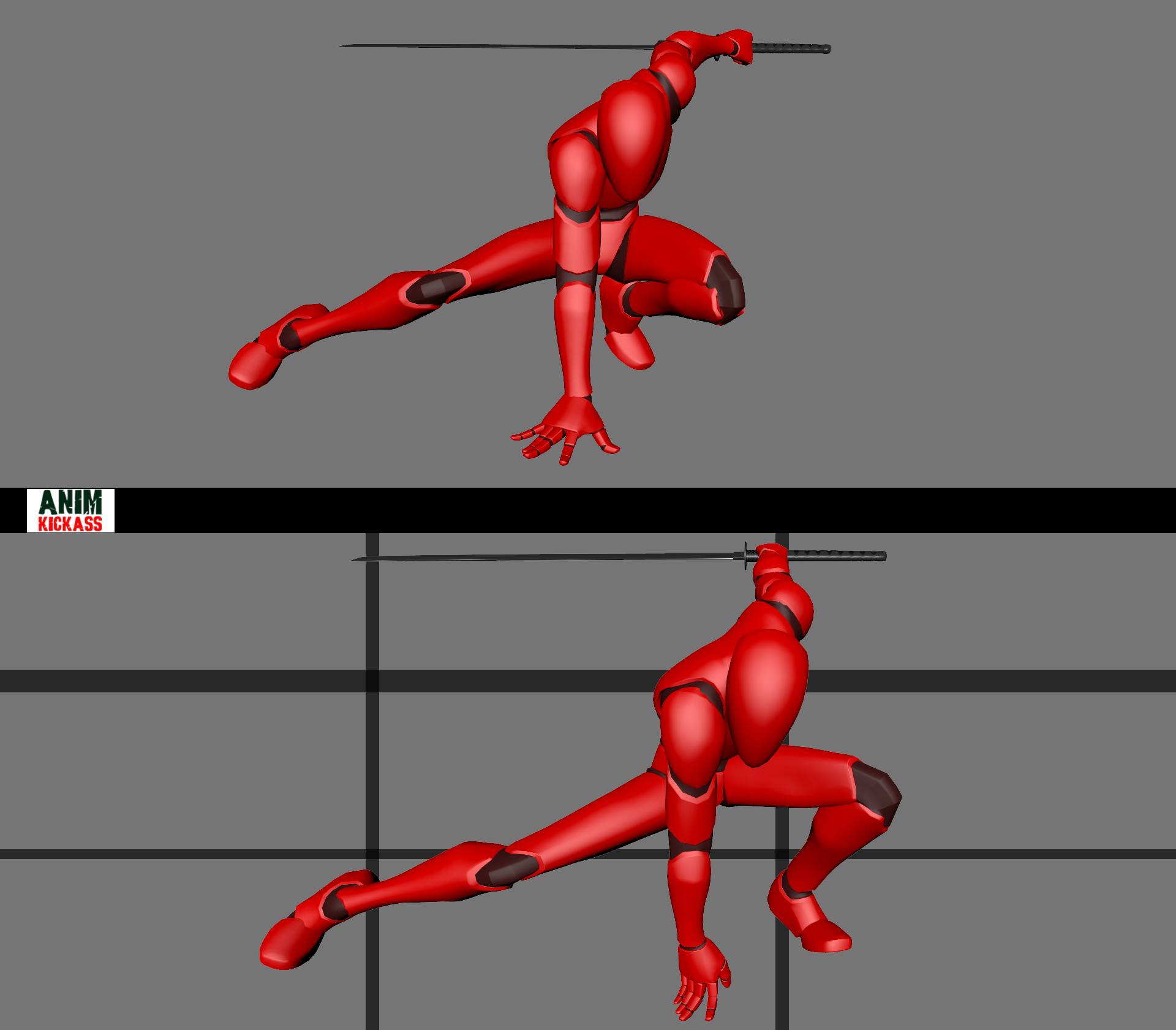 the image shows two poses of a red humanoid figure in a fighting stance, wielding a katana. the figure is depicted as a 3d model, possibly used for animation or concept art. the top pose shows the figure crouching with one leg extended and the katana held overhead. the bottom pose mirrors the top, showing the figure in a slightly different angle. the background is a simple grey grid.