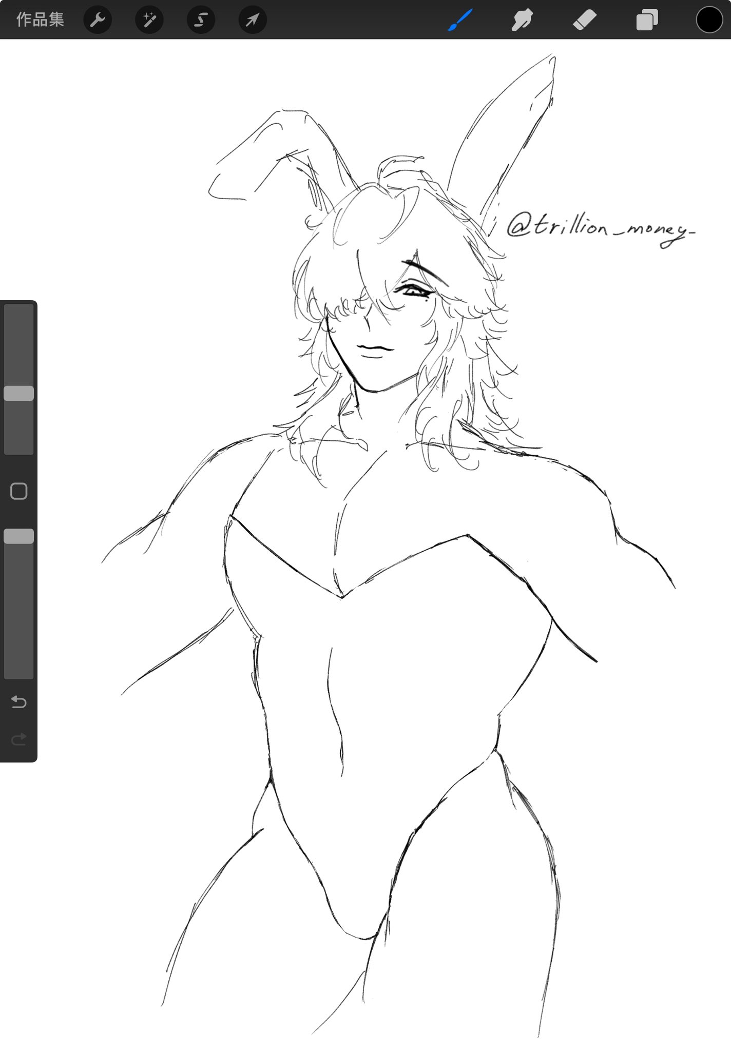 a line drawing sketch of an anime boy wearing a bunny costume with his arms outstretched. he is looking towards the right of the image. the image is drawn in a simple style with emphasis on the outline of the character.