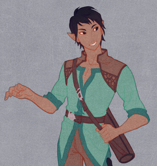 a waist up image of a young adult male elf. he has tan skin, dark brown hair and pointed ears. he is wearing a turquoise tunic with brown accents and a brown belt with a satchel hanging by his hip. he is posing with his left hand on the satchel and his right hand slightly raised with his palm facing up.  the background is a muted blue gray.