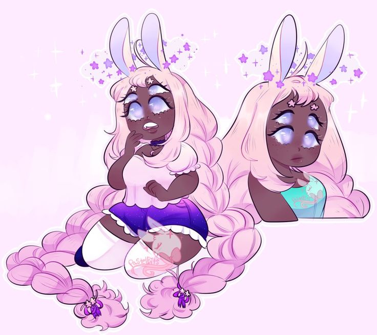 this is a digital illustration of a cute animestyle girl with bunny ears and three eyes. she has long, pink hair in braids, wearing a pink and purple dress with a galaxy pattern. there is a smaller version of her in the upper right corner, which is also wearing a pink and blue dress.  the background is a pale pink with stars and glitter. the style is overall very cute and kawaii.