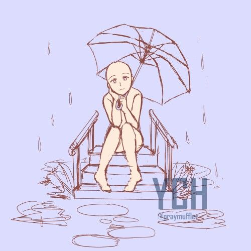 a digital drawing of an anime style character sitting on a chair with an umbrella over their head. the background is a soft blue with raindrops falling. the character is a female with long hair, her body is in a relaxed pose with her head slightly tilted downwards.  the drawing appears to be a base for a more detailed illustration.