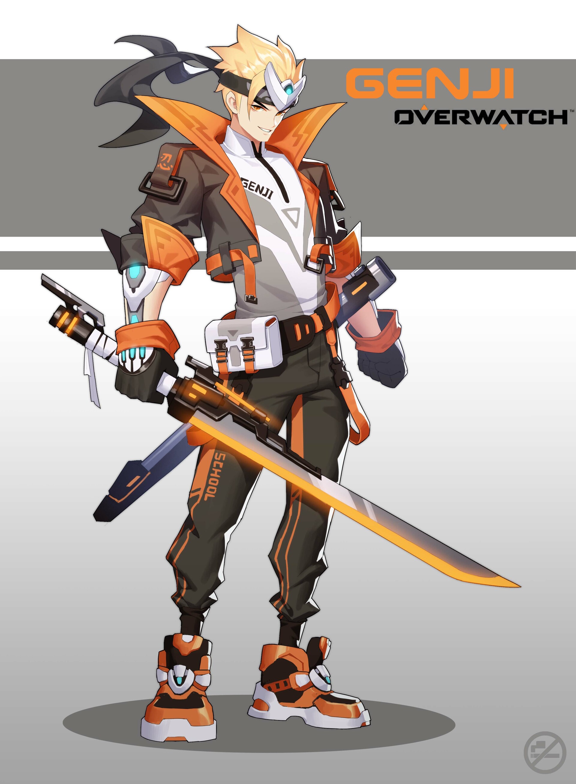 the image depicts a stylized, modern interpretation of the genji character from the overwatch video game, reimagined as a student in a futuristic school uniform. he stands confidently holding a large, glowing sword. his outfit consists of a shortsleeved black and orange jacket over a white shirt, dark pants, and orange and white sneakers. he wears a headband with a cyberneticlooking element and has blond hair. the background is a gradient gray, and the overwatch logo appears in the top right corner.