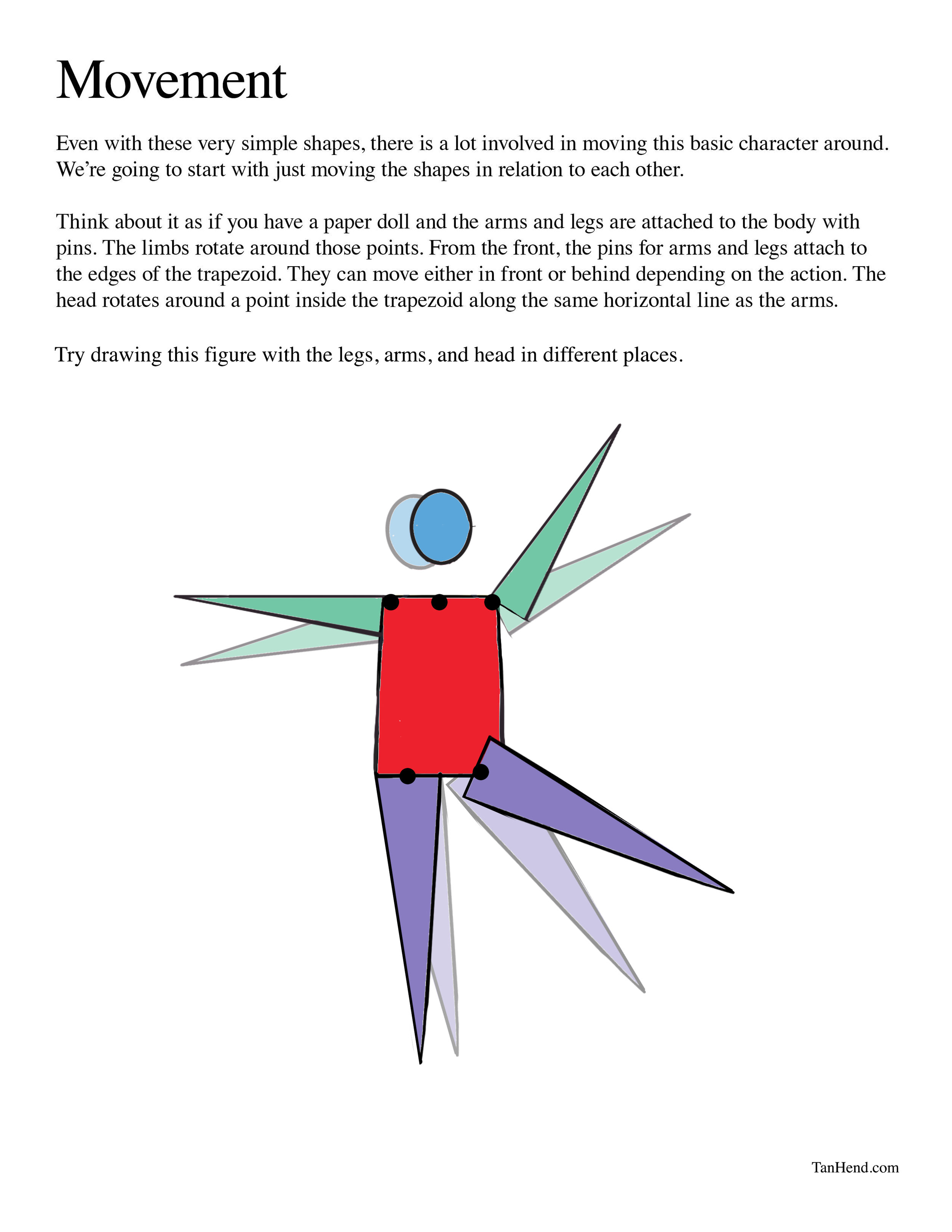 the image shows a simple animated character made of geometric shapes. the instructions explain how to move the character's arms, legs, and head by rotating them around pivot points. the character's body is a trapezoid, with arms and legs attached as separate shapes. the head is a circle. the instructions suggest thinking of the character as a paper doll with pins attaching the limbs to the body.  the image includes a sample illustration of the character in one position. the overall goal is to encourage practice in moving the parts of the character to create different poses.