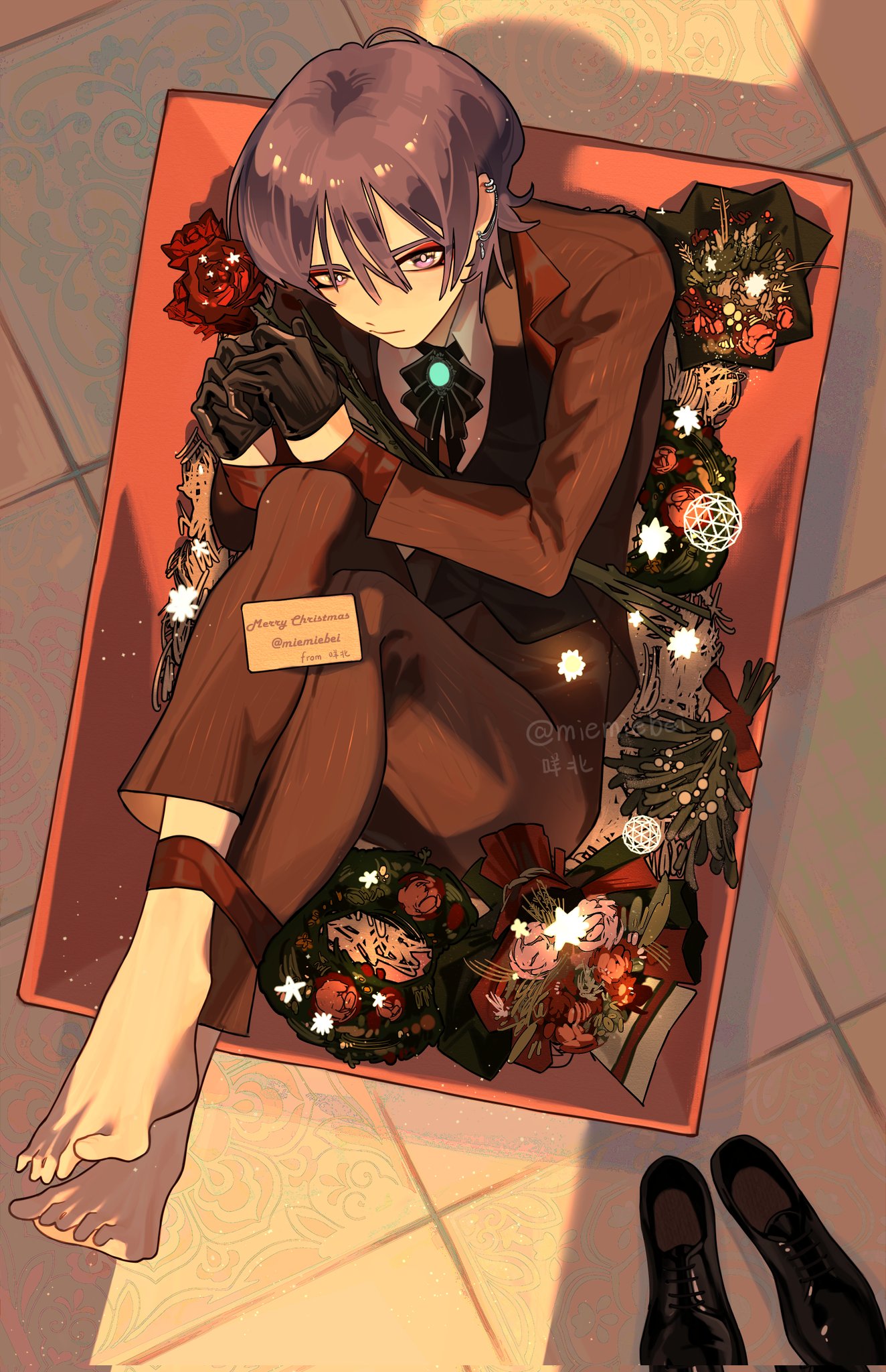 this is an illustration of a male anime character, dressed in a red, brown, and white suit with a purple earring and a green tie. he is seated in a red box with a floral arrangement and a card that reads "merry christmas". he is smiling and looking at the viewer. he is wearing black boots and his feet are visible. he has brown eyes and purple hair. the background is a brown tile floor and a soft light shines from the top.