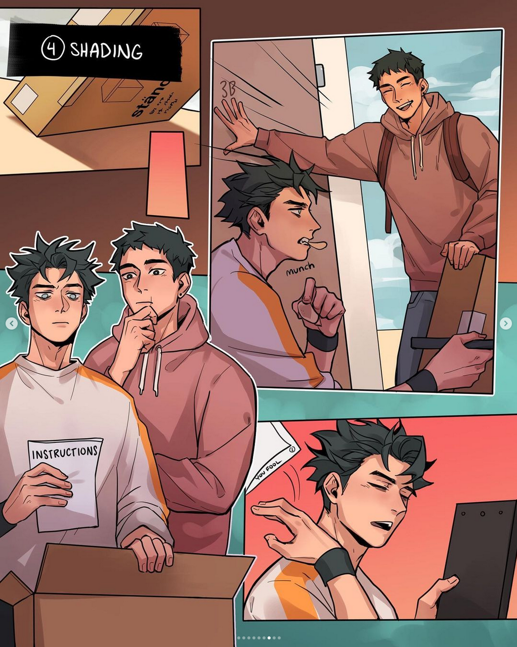 the image is a comic strip depicting a scene with three men assembling furniture. the panels showcase their actions and expressions, creating a humorous narrative about the challenges of putting together furniture. the style is reminiscent of manga or webtoon art, with clean lines, expressive characters, and a warm color palette.