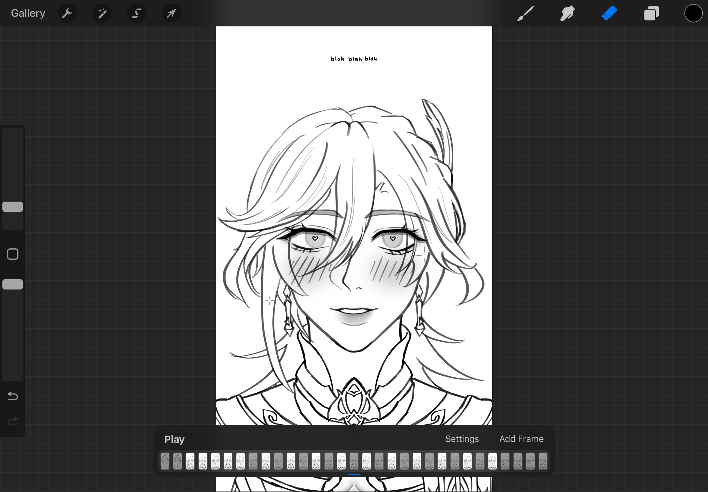 a digital drawing of a blushing male character with blond hair and heartshaped pupils in his eyes, created in an anime style. the character has detailed earrings and a feather in his hair, and the drawing includes a neck piece. the sketch is in black and white and appears to have been created in the procreate animation software. above the character is a "blah blah blah" text.