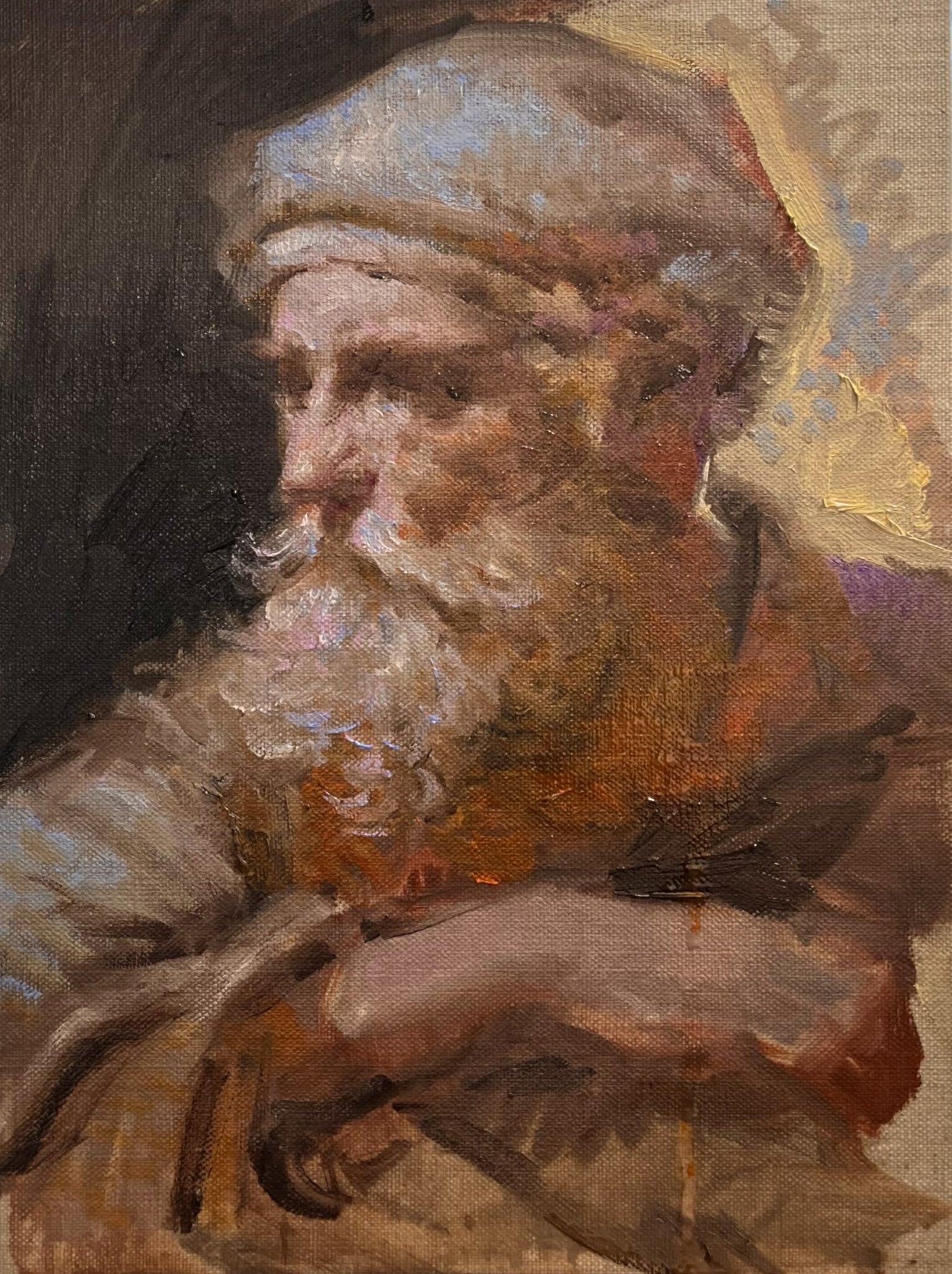 a closeup oil painting portrait of an old man with a white beard and a turban, painted in a realistic style. the man is looking away from the viewer with a thoughtful expression. the artist used visible brushstrokes and a textured canvas to create a sense of depth and movement in the painting.