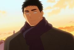 an animestyle drawing of a man standing outdoors at sunset. the man is wearing a dark coat and scarf. the sky behind him is orange and yellow.