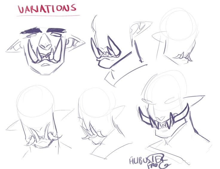 a digital art drawing of 6 different sketches of orcs' heads, labeled "variations". the orcs have large teeth, some have angry expressions, and some have relaxed expressions. the sketches are all drawn in pencil and appear to be rough drafts.