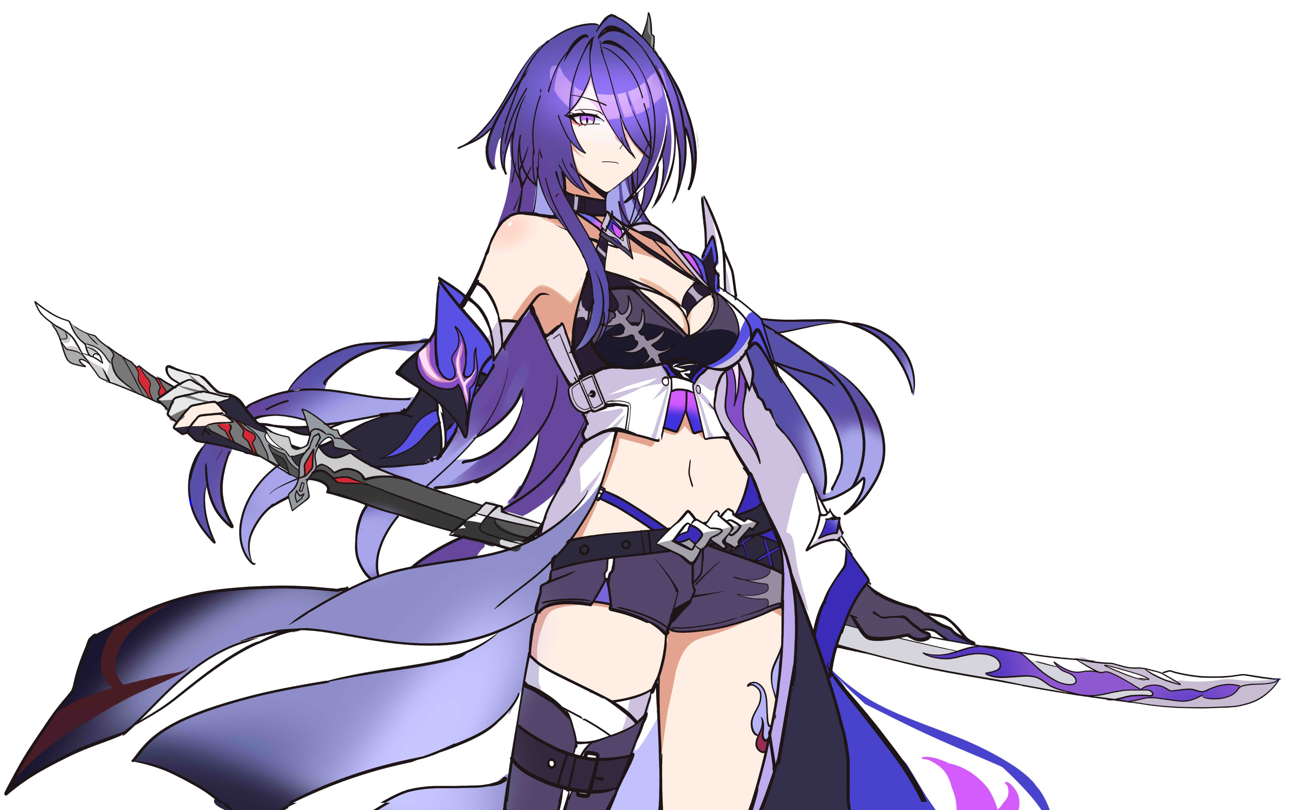 an anime girl with long purple hair and red eyes, wielding a doubleedged sword, standing with confidence. her attire is a mix of white, purple, and black, accented with silver armor pieces.content: characterpeople: 1 personenvironment: n/alighting: soft lightingperspective: slight low anglekw: anime, girl, sword, weapon, purple hair, red eyes, fantasy, warrior, fighter, confident, powerful, digital art, illustration