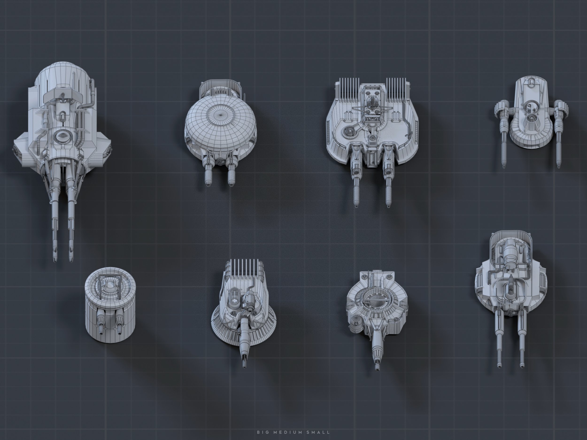 the image shows eight different 3d models of scifi turrets or ship weaponry in wireframe render. they vary in size and design, with labels at the bottom indicating "big medium small", suggesting a size comparison.  the models are presented on a dark gray gridded background, giving a technical, blueprintlike appearance. the style is clean and consistent, implying they are likely assets for a video game or similar project.