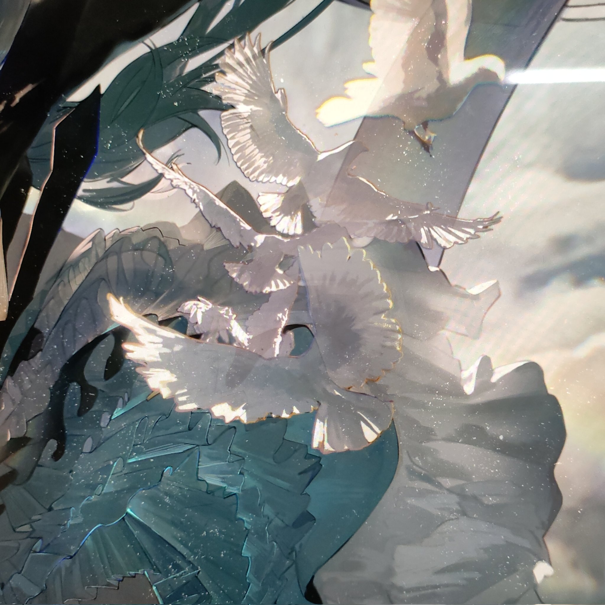 the image is a stylized animestyle illustration or painting. it depicts a young woman, only partially visible, with long dark hair partially obscured by a multitude of white doves in flight. the doves are depicted with delicate, almost translucent wings, creating a sense of ethereal beauty. the woman appears to be wearing a flowing teal dress or gown, which blends seamlessly with the movement of the doves, creating a feeling of fluidity and grace. the background is a hazy sky with soft clouds, adding to the overall dreamy and peaceful atmosphere. the overall style is quite abstract and evocative, with a focus on mood and atmosphere rather than strict realism. the colors are soft and muted, predominantly pastels with the teal of the dress creating a contrast. the image could be interpreted as symbolic of themes such as hope, freedom, peace, or spiritual transcendence.