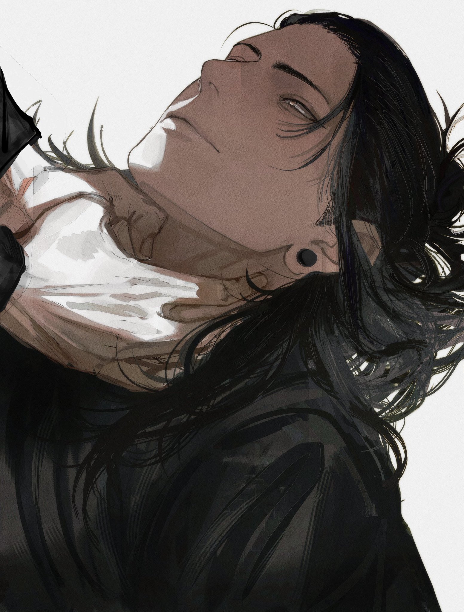 this is a digital illustration of an anime man with long black hair. he has a serious expression, black eyes, and is wearing a black jacket with a collar. his hair is flowing in the wind, and he has a single earring in his left ear. the background is white, which makes the man's hair and clothing stand out. the artist has used dark shadows and light highlights to give the image a sense of depth and realism.