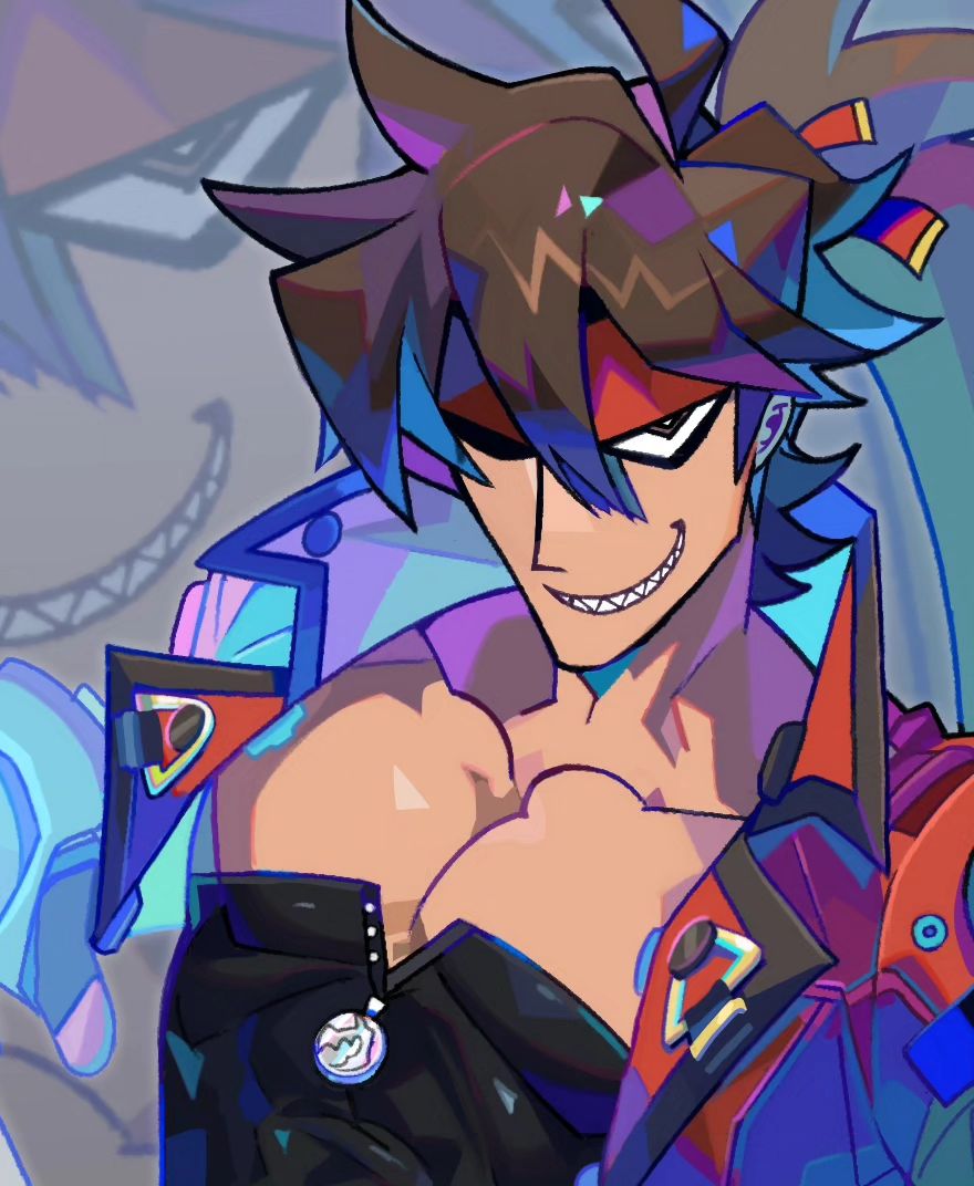 the image is a vibrant, closeup digital illustration of an animestyle male character. he has styled brown and blue hair, a confident smirk, and is wearing a dark, stylized outfit with hints of neon and cyberpunk elements. the character's attire includes a jacket with notable shoulder pieces and a red accent. the art style is bold and features sharp lines with colorful, glowing effects. the background is blurry but suggests a chaotic or futuristic setting. the overall mood is edgy and confident.