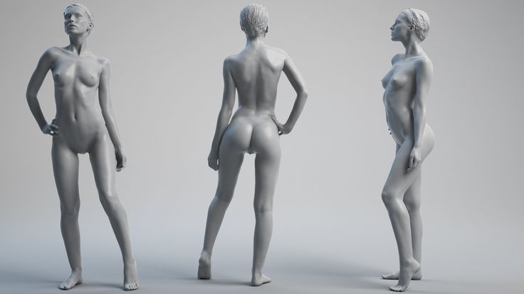 the image showcases a 3d model of a nude woman in three distinct poses against a plain grey background. the model is presented in a classic sculptural style, emphasizing the female form and musculature. the soft lighting creates subtle shadows that highlight the contours of the body.