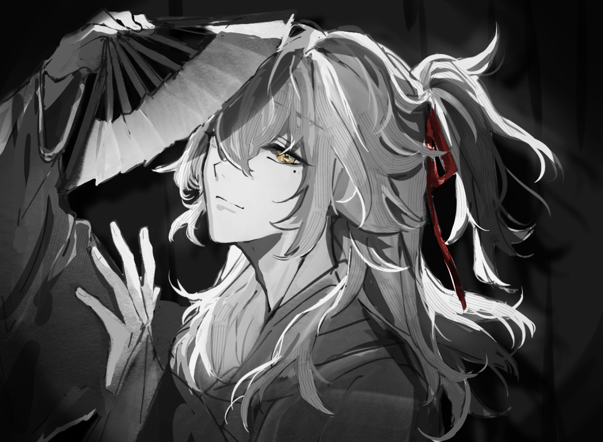 this is a digital artwork depicting a male anime character with long white hair tied with a red ribbon in a black and white setting with a golden yellow eye. he is holding a fan in his left hand.