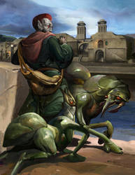 an old man with a red cap and green robe stands on a bridge over a river, looking towards a city in the distance. he is holding onto the reins of a fantastical green creature that resembles a large insect. the creature has six legs and a segmented body, and appears to be used as a mount. the scene is reminiscent of classical oil paintings, but with a surreal twist.