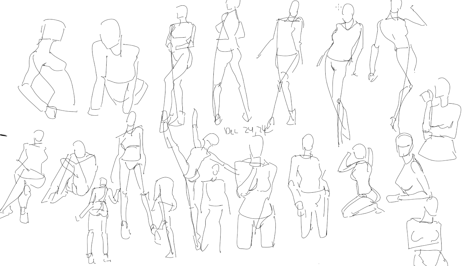 the image contains a collection of quick, gestural sketches of female figures in various poses. the style is loose and expressive, focusing on capturing movement and form rather than precise detail.  the lines are fluid and sketchy, indicating a rapid process of observation and rendering.  the figures are shown in different positions, some standing, some sitting, some in dynamic poses. the overall impression is one of a sketchbook page filled with studies of the human form. there's a date, "dec 24," written in the center, possibly indicating the date the sketches were made.