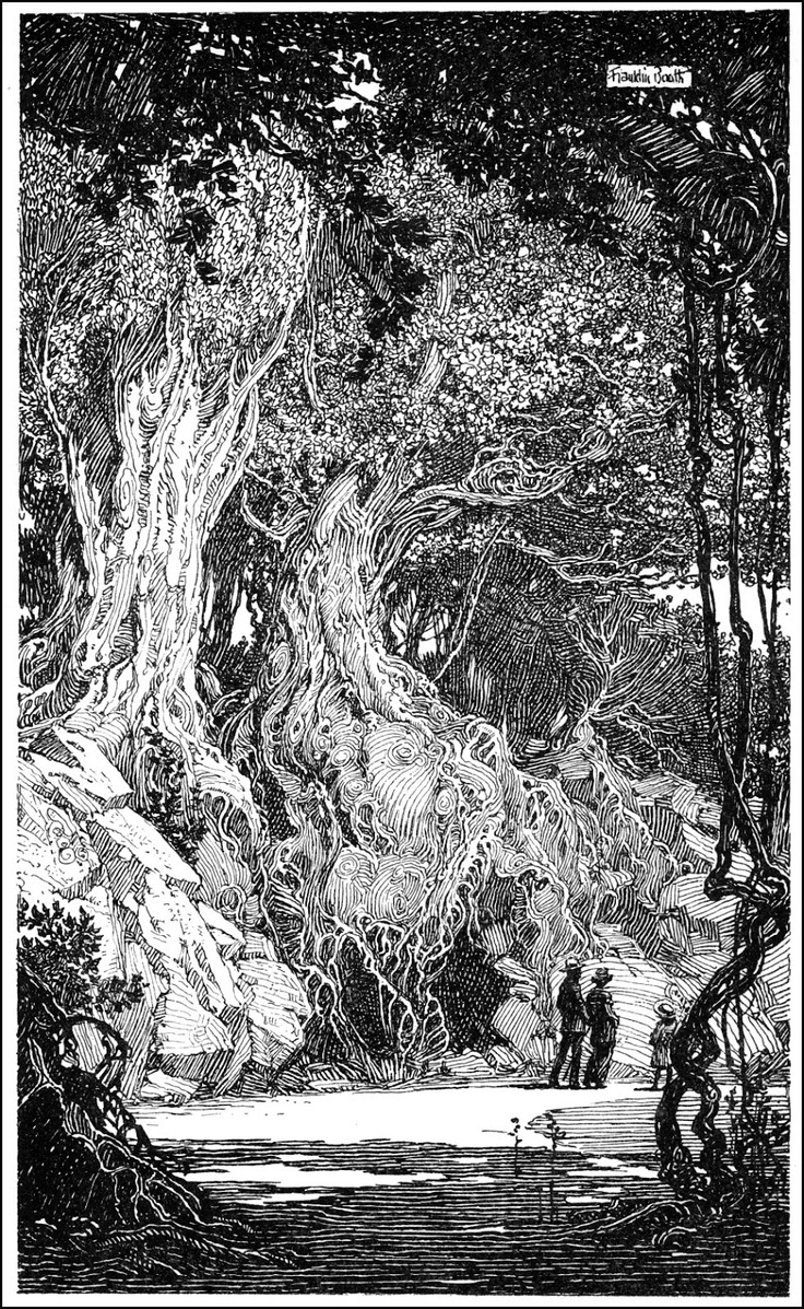 the image is a black and white illustration, possibly a woodcut or engraving, depicting a fantastical forest scene. two adult figures and a child are standing near the base of a massive, ancientlooking tree with thick, gnarled roots that extend into a rocky area.  the trees are densely packed, creating a dark and mysterious atmosphere. a body of water, possibly a river or stream, is visible in the lower portion of the image. the style is highly detailed and intricate, with a focus on texture and linework to create a sense of depth and age. the overall mood is one of mystery and adventure.