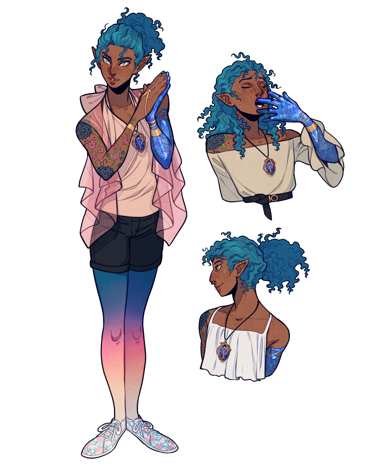a digital illustration of a young darkskinned elf with blue curly hair, styled in a high ponytail. she has vibrant blue scale tattoos covering one arm and smaller flower tattoos on the other. she is wearing casual clothes, including a pink, flowy top, black shorts, and colorful sneakers. she wears a large teal stone on a necklace and matching armbands. the image presents the character in three different poses.