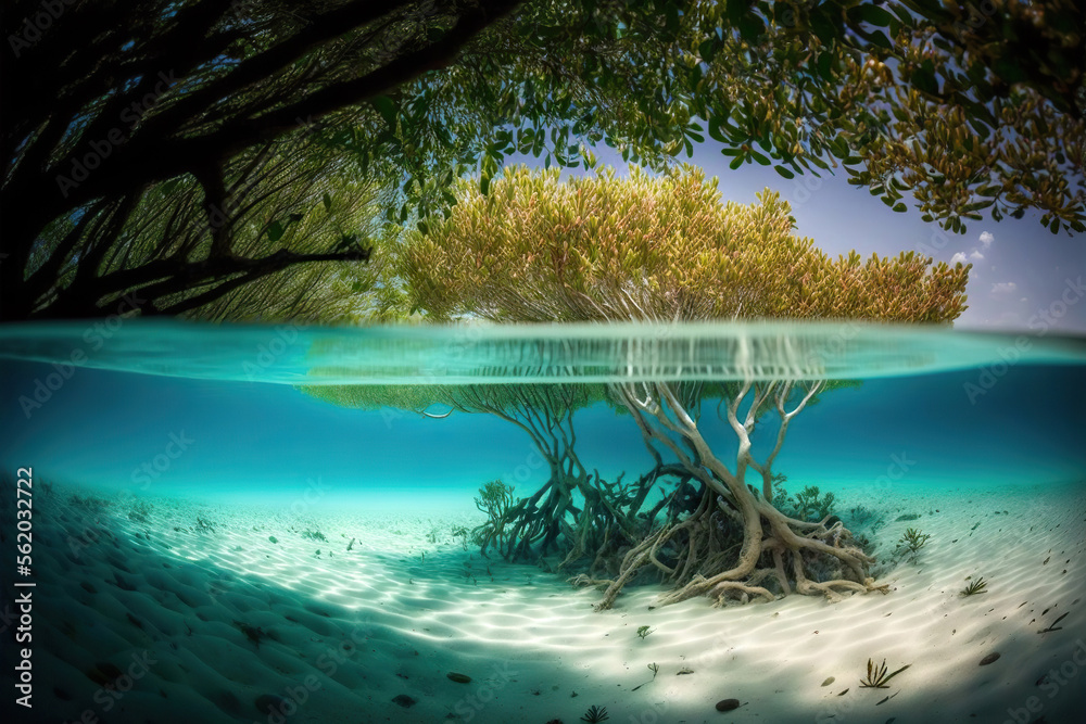 a photo of a mangrove tree taken in a tropical location with a splitlevel view that shows the tree above and below the water's surface. the tree is on the right side of the frame, the leaves are green and the roots are white and can be seen in both the above and below water sections. the water is crystal clear and blue. the sand is white and the bottom is visible. sunlight can be seen shining through the water and leaves in the top part of the image.  the photo is taken during the daytime.
