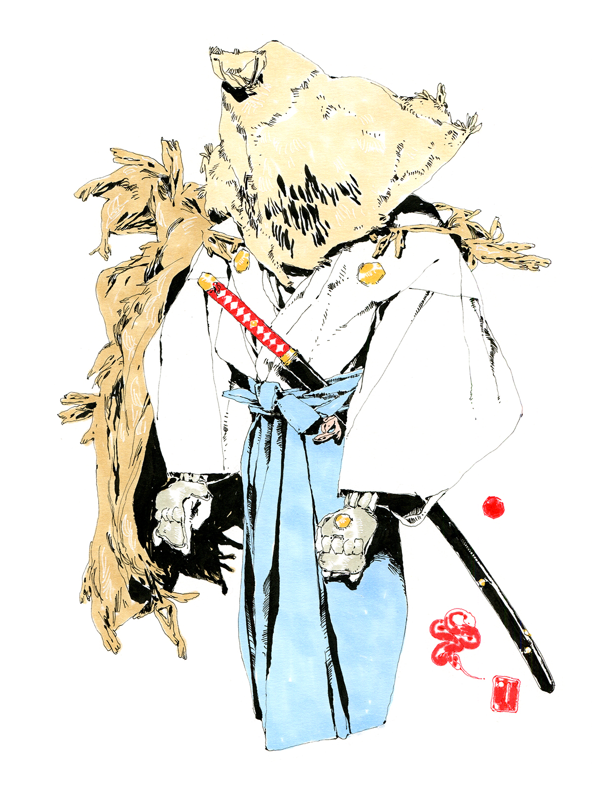 a fullbody illustration of a samurai warrior. the warrior is clad in a traditional white gi with blue hakama pants. they wield a katana sword with a red and gold hilt. notably, the warrior wears a large, conical straw hat that obscures their entire head, lending an air of mystery and intrigue. the style is reminiscent of traditional japanese ink drawings, but with a contemporary, stylized aesthetic.