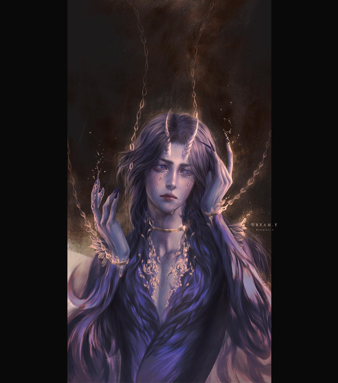 the image showcases a male demon, his sorrow evident in the tears tracing paths through shimmering dust on his face. he is adorned in flowing dark blue attire, a stark contrast to his pale skin, and his long, dark hair cascades around him.  he is bound by golden chains that seem to disappear into a cloud of dark gold dust, further emphasizing his melancholic state. his horns, small yet prominent, complete his otherworldly appearance. the overall atmosphere is one of somber beauty, highlighting the demon's internal struggle.