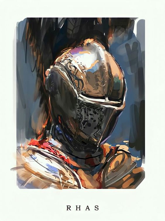 the image is a digital painting of a knight wearing a helmet. the painting is done in a loose, painterly style with visible brushstrokes. the knight's armor is depicted in shades of gray, brown, and gold. the background is a dark blue. the word "rhas" is written in white letters at the bottom of the image.