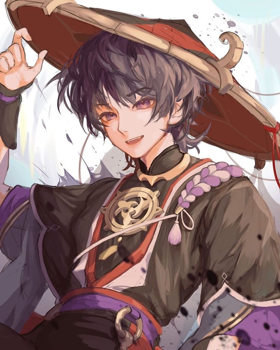 the image is a vibrant piece of digital fanart depicting a young animestyle male character. he has dark purple hair, striking purple eyes, and a gentle smile. he's wearing a darkcolored, elaborate outfit reminiscent of traditional asian clothing, featuring layers of fabric, purple accents, and a large, ornate conical hat.  the character’s clothing incorporates intricate details such as a large circular golden emblem and a braided purple and white cord. his pose is relaxed yet elegant, with one hand playfully adjusting his hat. the art style is painterly, with soft shading and splashes of dark paint adding to the dynamic atmosphere. the overall impression is one of fantasy and elegance, suggesting the character might be from a video game or other fictional setting, possibly inspired by genshin impact judging by the clothing and style.