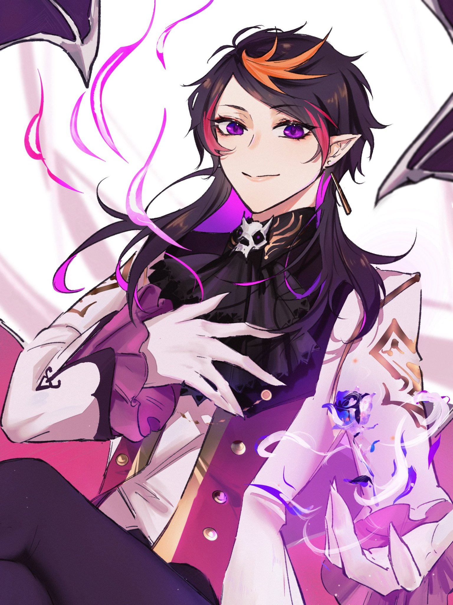 an anime character with long black hair, purple eyes, and an elegant outfit is smiling and holding a glowing purple object in their hands. the character is floating with large wings that are also glowing purple. the background is white with purple and pink swirls.