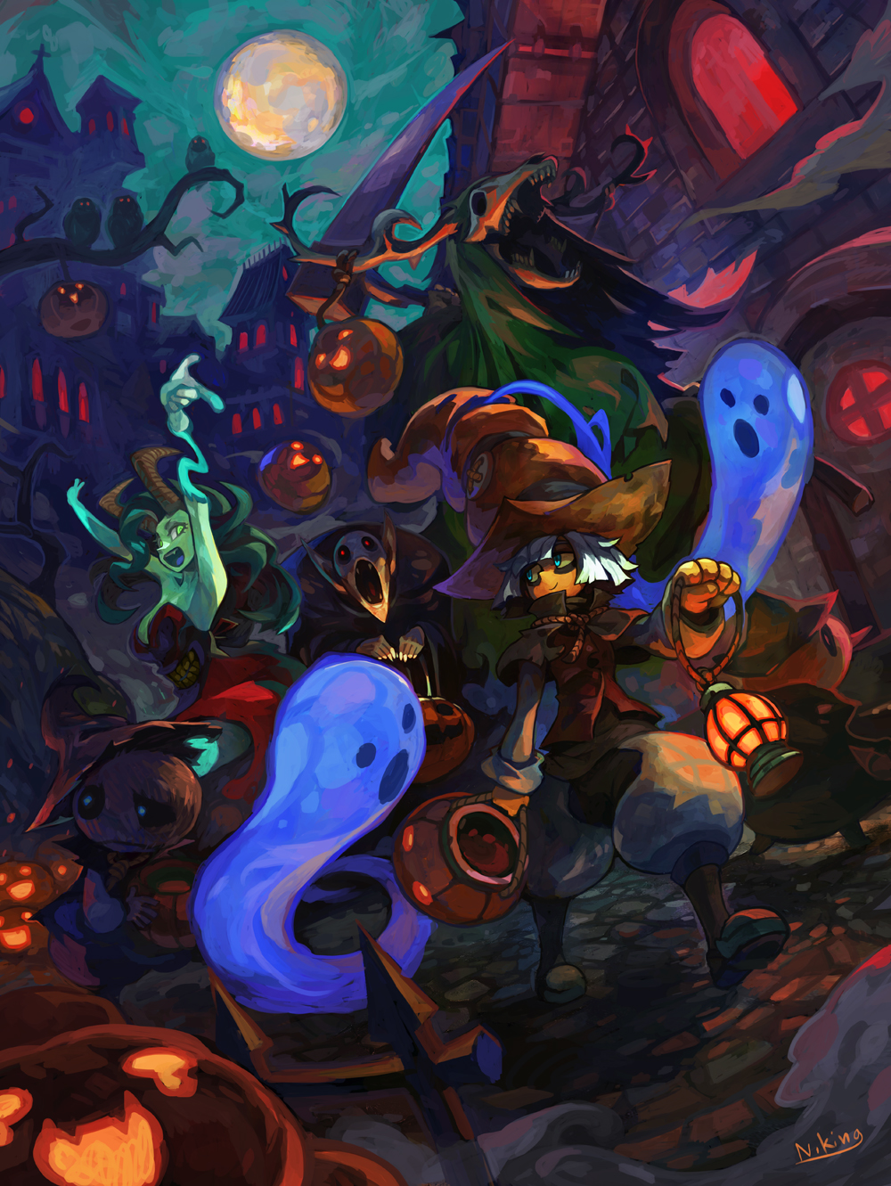 this is a digital illustration of a spooky halloween scene with a witch, a ghost, and various other monsters in a graveyard. the image is painted in a dark and whimsical style with lots of detail. the witch is holding a lantern and appears to be casting a spell. the ghost is floating in the air, and the other monsters are lurking in the shadows. there are pumpkins scattered around the scene, and the background is a dark and eerie cemetery.