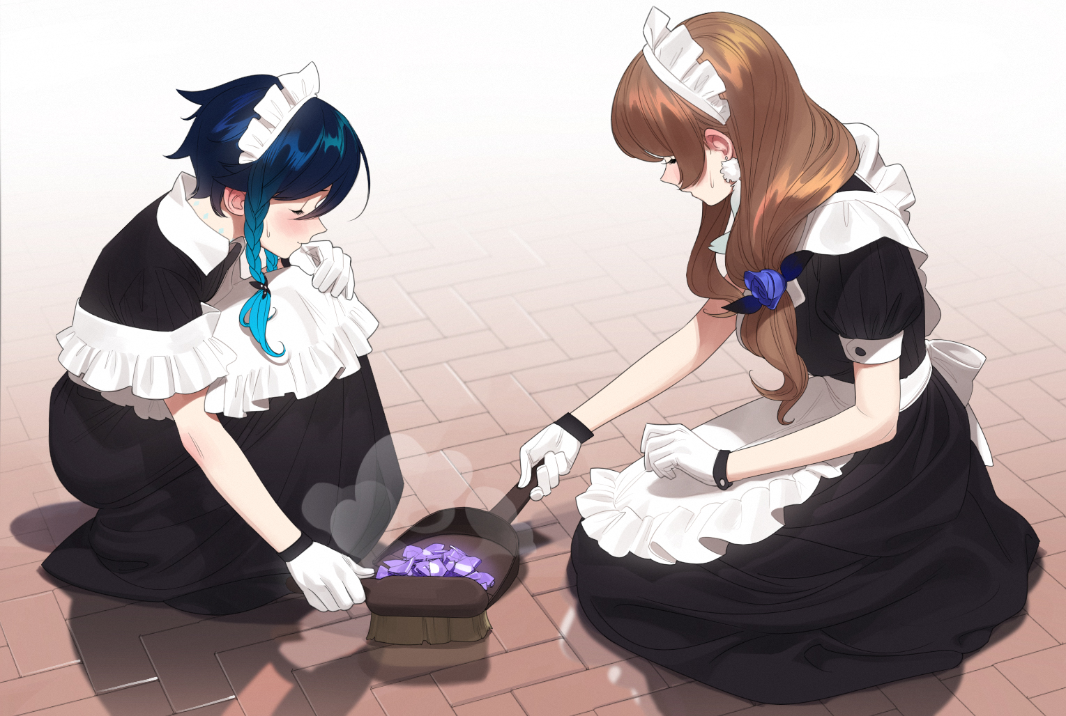 the image showcases two young women dressed in classic black and white maid outfits. the woman on the left, with blue hair, is crouched down and appears to be crying, her head bowed. in her hands, she holds a dustpan and brush. on the ground before her lies an overturned gift box, spilling its contents  a bouquet of purple flowers. the second woman, with long brown hair, kneels beside her, reaching out with a gentle hand towards the box. her expression suggests concern and empathy as she offers comfort to her friend. the scene takes place indoors on a reddishbrown tiled floor, bathed in soft, diffused lighting.