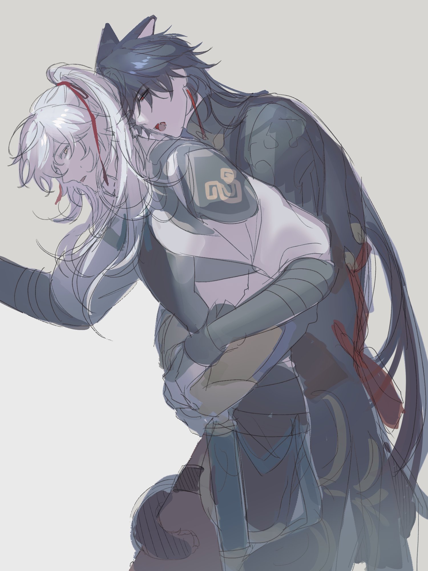an illustration of two anime characters, a male with white hair and a male with black hair, hugging each other. the character with white hair is being held close, while the character with black hair is holding him tightly.  the image is a closeup of the two characters, and the focus is on their embrace.