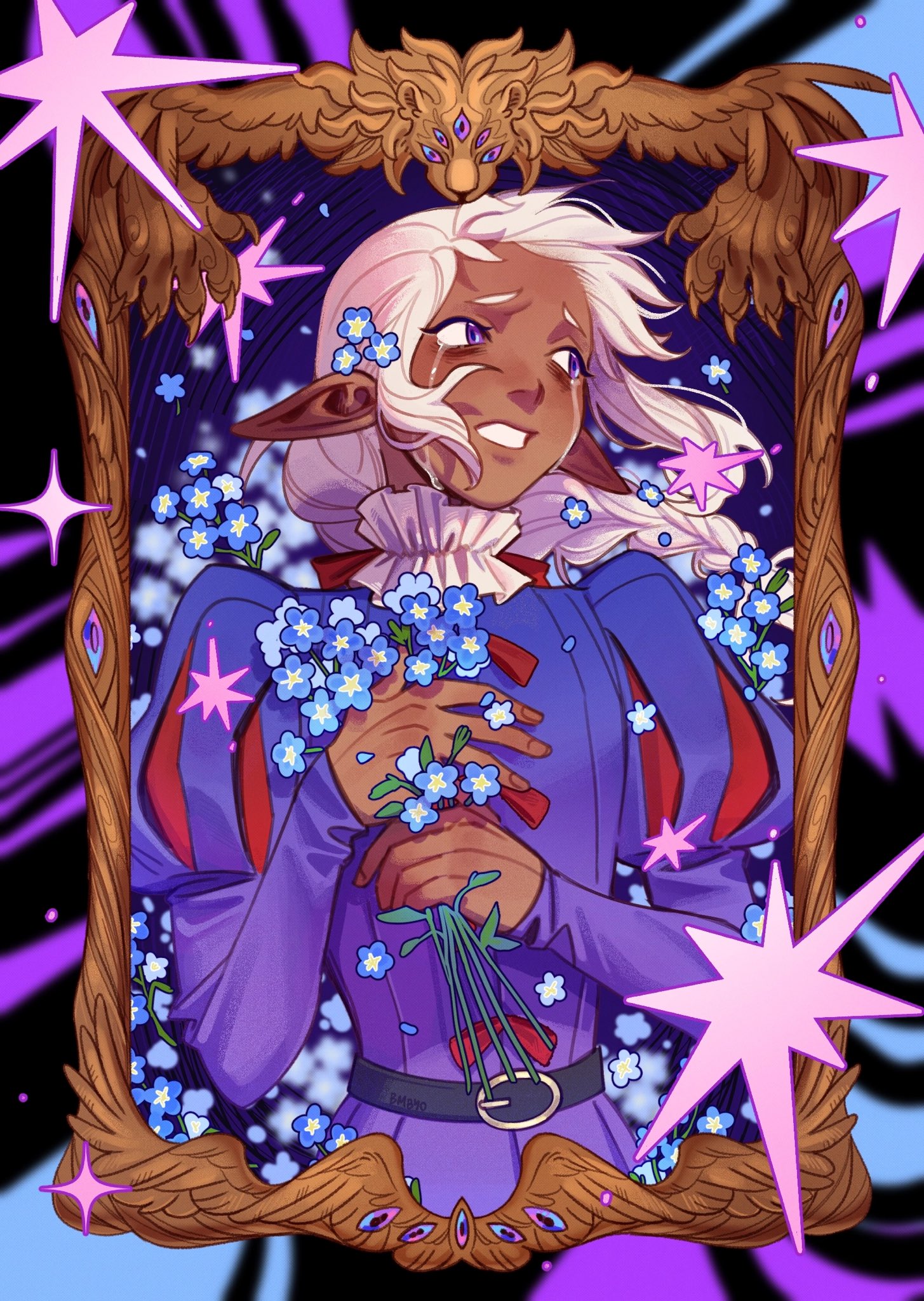 the image is a digital painting of a fantasy character, a female elf with long white hair and dark skin, dressed in a purple outfit. she is holding a bouquet of forgetmenots and appears to be sad or heartbroken, with tears in her eyes.  she is framed within an ornate, winged frame adorned with a lion's head at the top.  the background features bright pink and purple starbursts, adding to the mystical and ethereal feel. the overall style is whimsical and colorful, with a focus on detail and emotion.