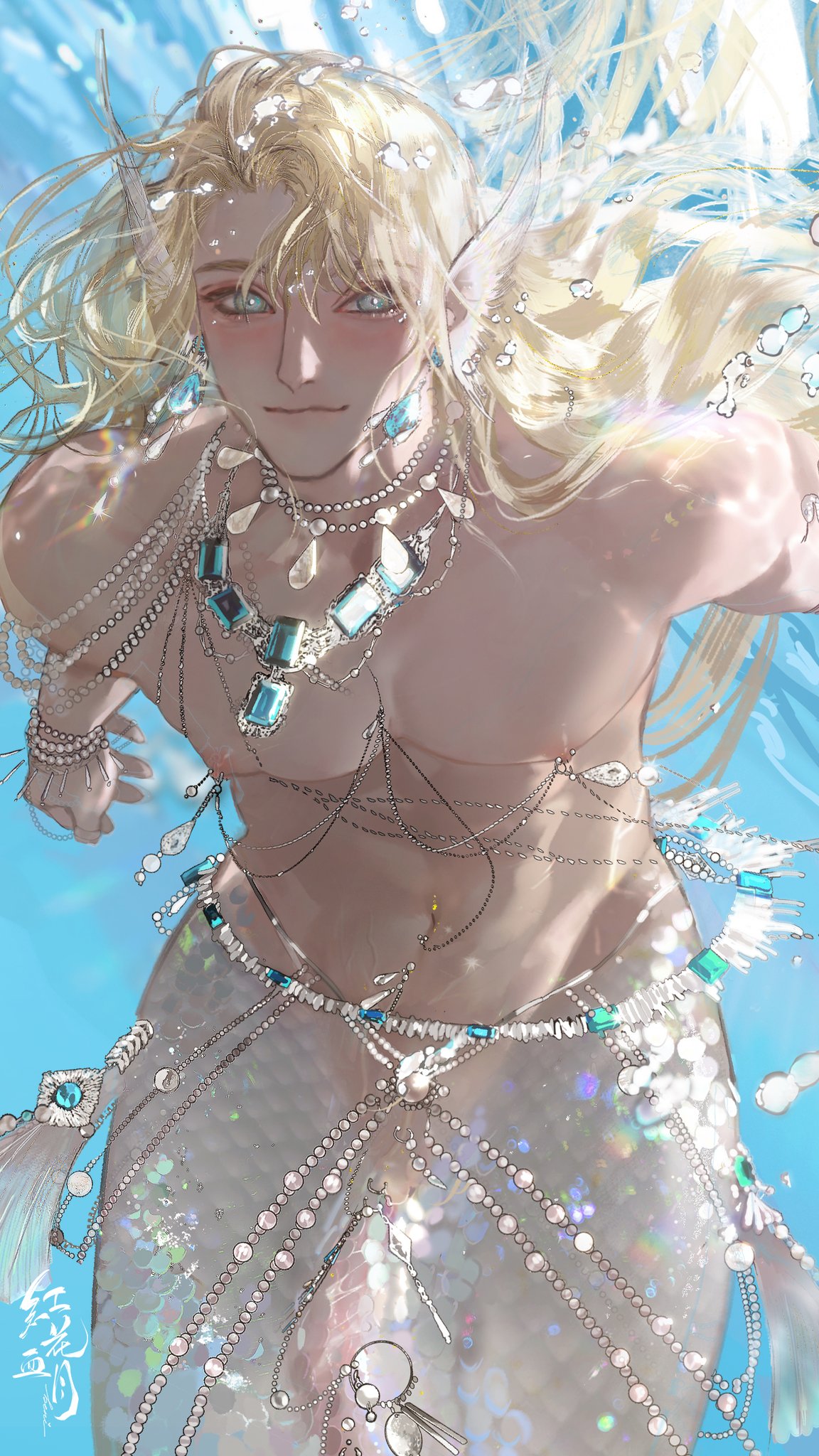a beautiful male mermaid with long flowing blonde hair is adorned with delicate chains, pearls and shimmering scales. the mermaid is underwater and the light from above creates a beautiful ethereal effect. the mermaid looks directly at the viewer with a gentle and alluring expression.