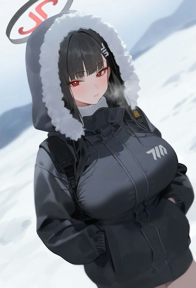 an anime girl with long black hair and red eyes is wearing a black hooded jacket with white fur around the hood. she is standing in the snow. the girl has a backpack on her back and the hood is up.