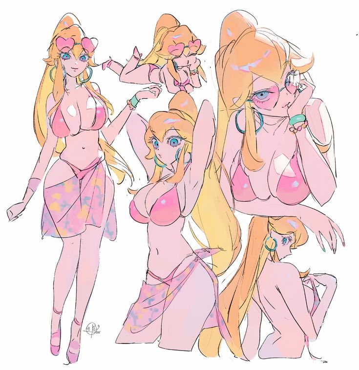 the image is a collection of sketches featuring princess peach in various poses wearing a pink swimsuit, a colorful coverup, sunglasses, and jewelry. the artwork is in a cartoon style.