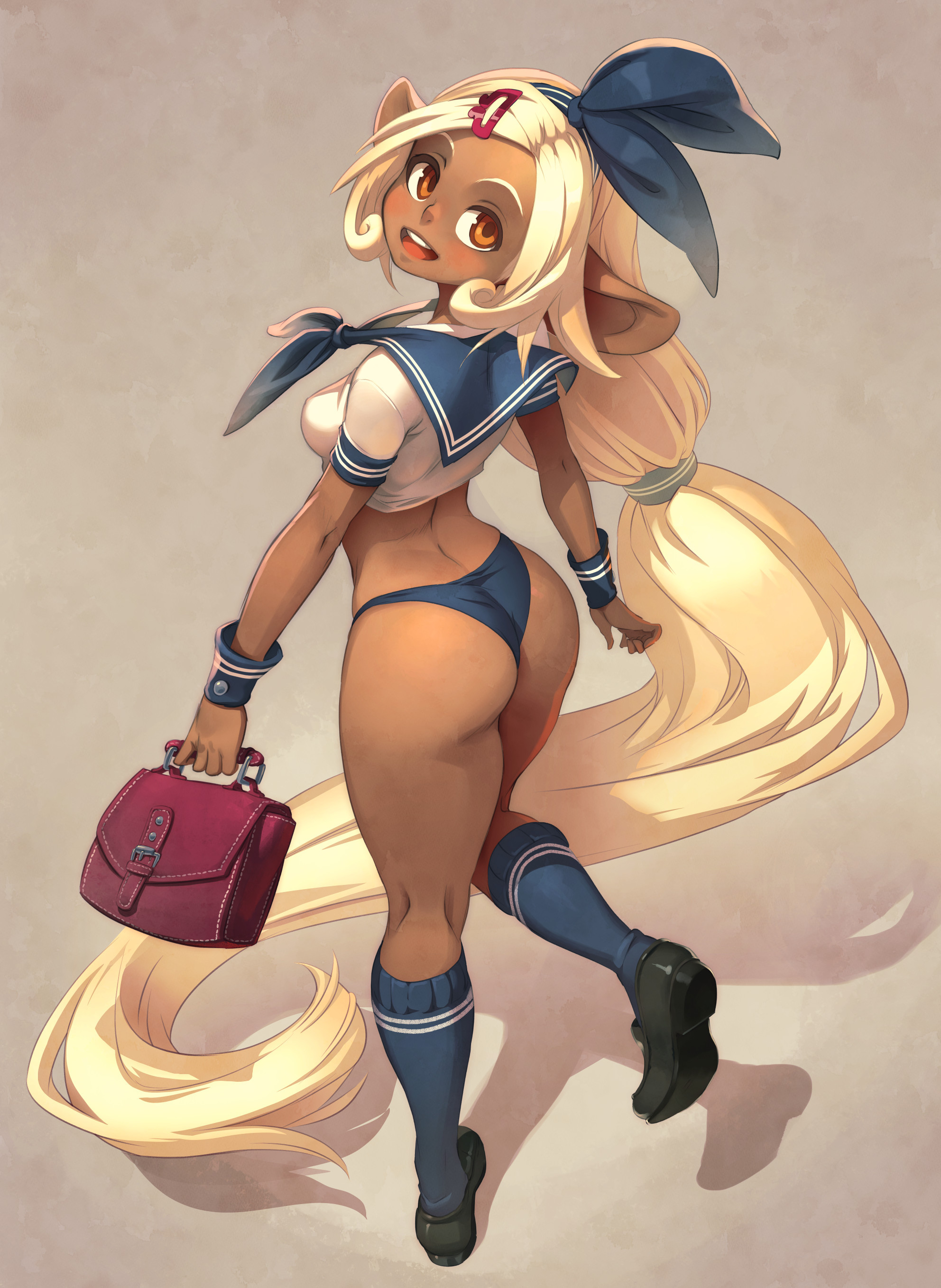 a depiction of a young anime girl with long blonde hair, dressed in a blue sailor uniform with white stripes, and black shorts. she is carrying a dark red handbag and walking with her long hair flowing behind her. the image is illustrated with a digital art style.