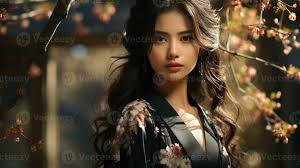 a young woman with long dark hair and brown eyes poses for a portrait. she is wearing a floral kimono and is standing in front of a cherry blossom tree. the lighting is soft and natural, and the overall effect is one of beauty and serenity.