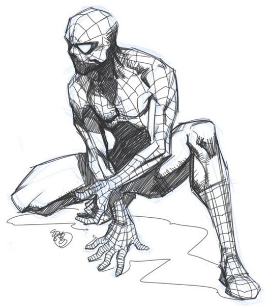 a black and white pen and ink drawing of spiderman crouching with his webshooters extended, ready to swing into action. the drawing captures the superhero's iconic pose and features detailed rendering of his musculature and webpatterned suit.